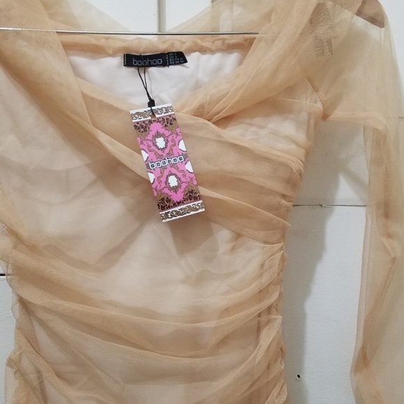 NWT OFF SHOULDER RUCHED MESH BODYCON MINI NUDE DRESS - Picture 6 of 8